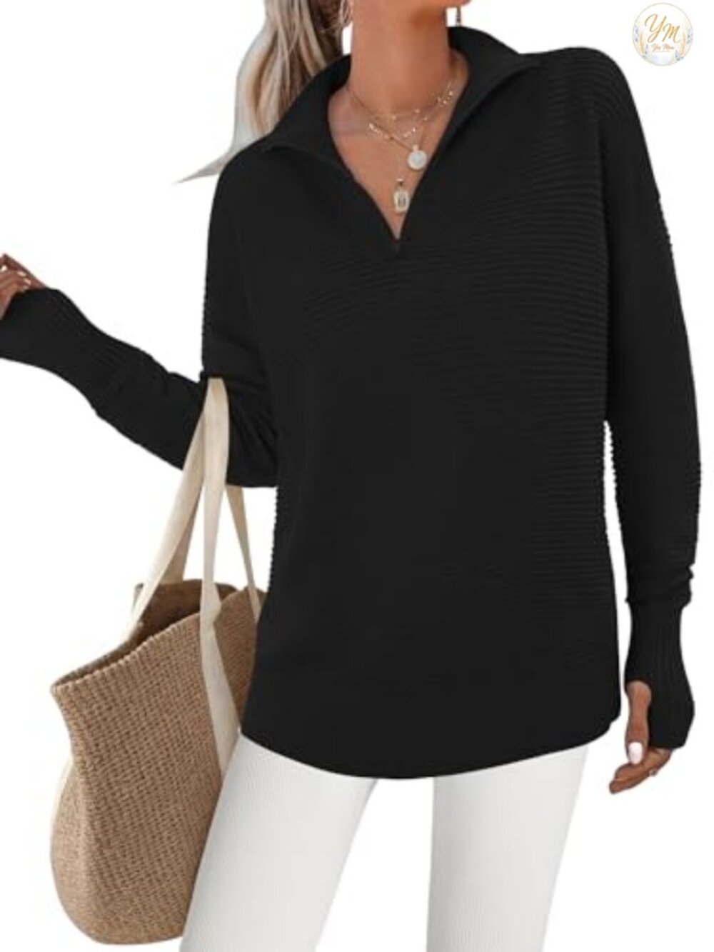 Women's Oversized Knit Pullover Sweater with Thumbholes Long Sleeve Quarter Zip